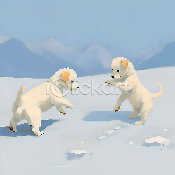 추위 사람없음 JPG 일러스트 강아지 개 겨울 눈(날씨) 눈덮임 두마리 산 설원 풍경(경치) 하늘 하늘색