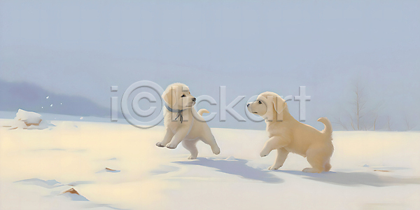 추위 사람없음 JPG 일러스트 강아지 개 겨울 나무 눈(날씨) 눈덮임 두마리 산 설원 식물 풍경(경치) 하늘 하늘색