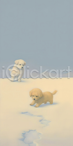 추위 사람없음 JPG 일러스트 강아지 개 겨울 눈(날씨) 눈덮임 두마리 설원 자국 풍경(경치) 하늘 하늘색