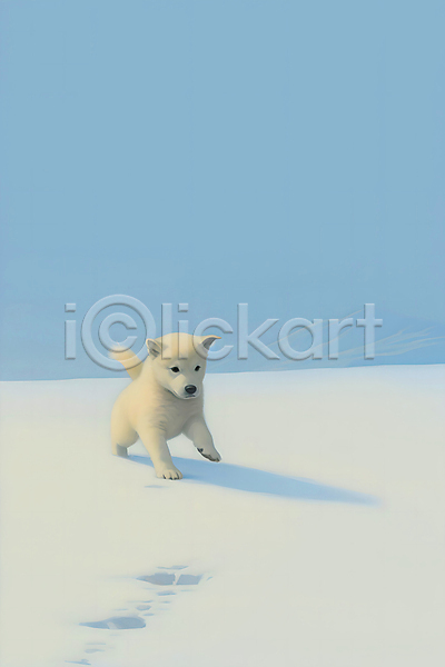 추위 사람없음 JPG 일러스트 강아지 개 겨울 눈(날씨) 눈덮임 설원 자국 풍경(경치) 하늘 하늘색 한마리