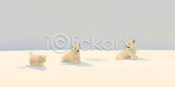 추위 사람없음 JPG 일러스트 강아지 개 겨울 눈(날씨) 눈덮임 설원 세마리 풍경(경치) 하늘 하늘색