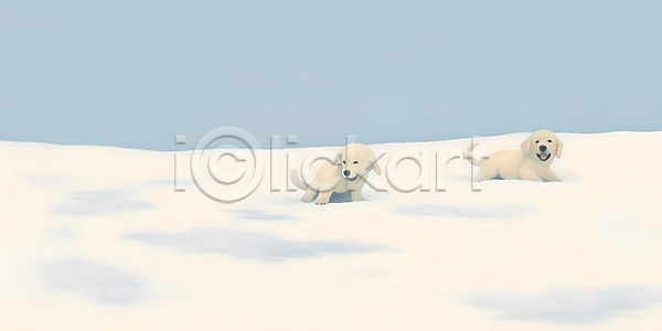 추위 사람없음 JPG 일러스트 강아지 개 겨울 눈(날씨) 눈덮임 두마리 설원 풍경(경치) 하늘 하늘색