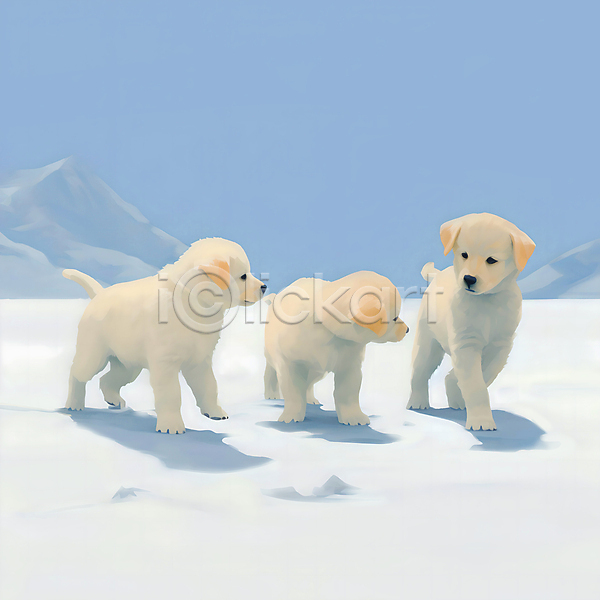 추위 사람없음 JPG 일러스트 강아지 개 겨울 눈(날씨) 눈덮임 산 설원 세마리 풍경(경치) 하늘 하늘색