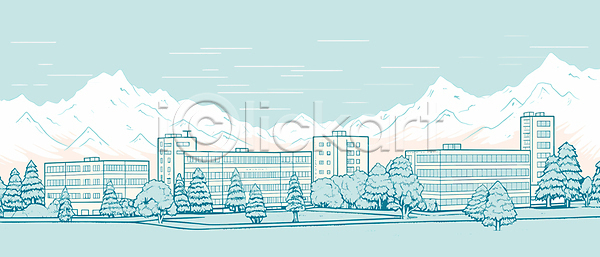 사람없음 AI(파일형식) 일러스트 건물 나무 도시 도시풍경 빌딩 산 파란색 풍경(경치) 하늘