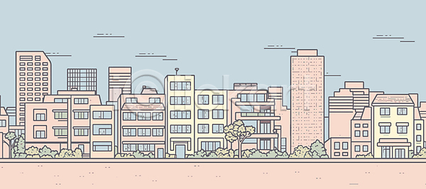 사람없음 AI(파일형식) 일러스트 건물 나무 도시 도시풍경 분홍색 빌딩 풍경(경치) 하늘 하늘색