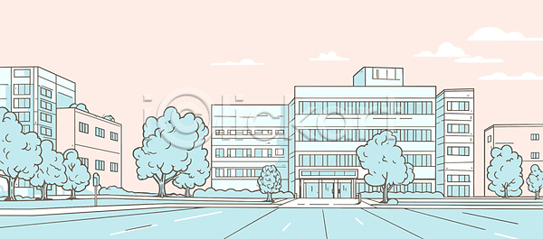 사람없음 AI(파일형식) 일러스트 건물 나무 도로 도시 도시풍경 분홍색 빌딩 풍경(경치) 하늘 하늘색