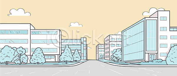 사람없음 AI(파일형식) 일러스트 건물 나무 도로 도시 도시풍경 빌딩 주황색 풍경(경치) 하늘 하늘색