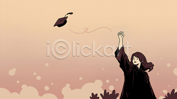여자 여자한명만 한명 PSD 일러스트 구름(자연) 던지기 분홍색 상반신 졸업 졸업가운 졸업생 졸업식 풀(식물) 하늘 학교 학사모 학생