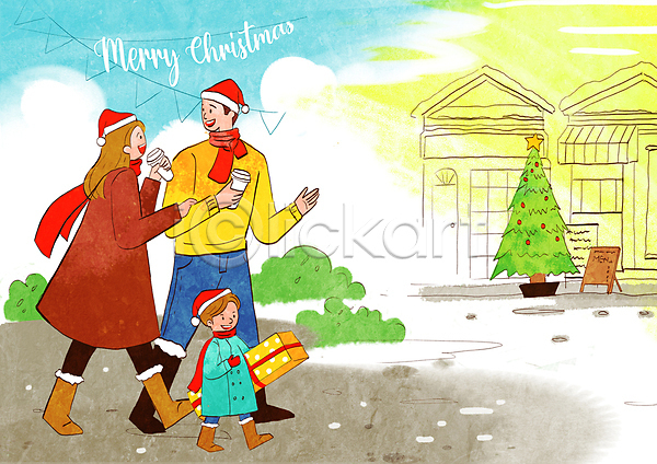 남자 성인 세명 소년 어린이 여자 PSD 일러스트 가족 걷기 구매 들기 상점 선물상자 쇼핑 아들 입간판 전신 크리스마스 크리스마스트리 풀(식물)