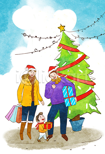 함께함 남자 성인 세명 소년 어린이 여자 PSD 일러스트 가족 구매 들기 선물상자 쇼핑 쇼핑백 아들 알전구 전신 크리스마스 크리스마스트리