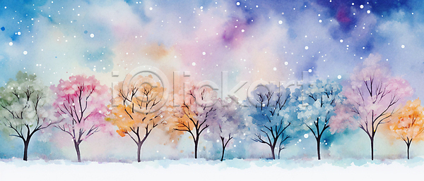 사람없음 JPG 일러스트 겨울 나무 눈(날씨) 물감 백그라운드 번짐 붓터치 수채화(물감) 자연