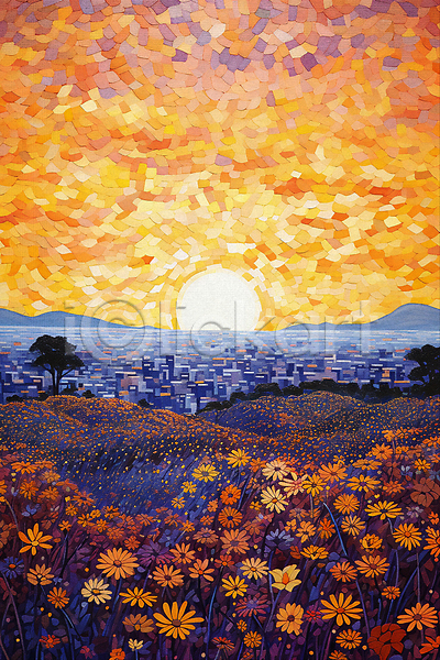 사람없음 JPG 일러스트 건물 그림 꽃 꽃밭 나무 도시풍경 일몰 점묘화 태양 포스터 풍경(경치)