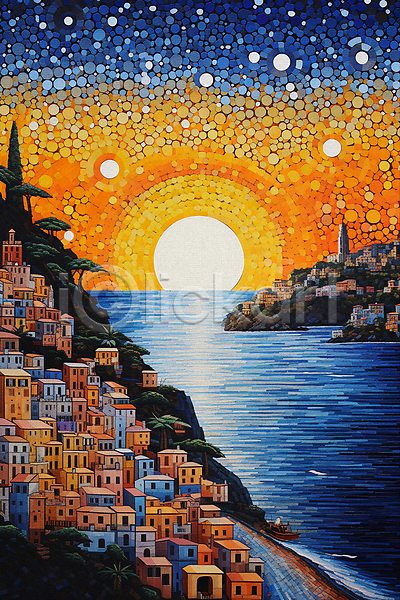 사람없음 JPG 일러스트 건물 그림 도시풍경 마을 바다 윤슬 일몰 점묘화 태양 포스터 풍경(경치) 해변