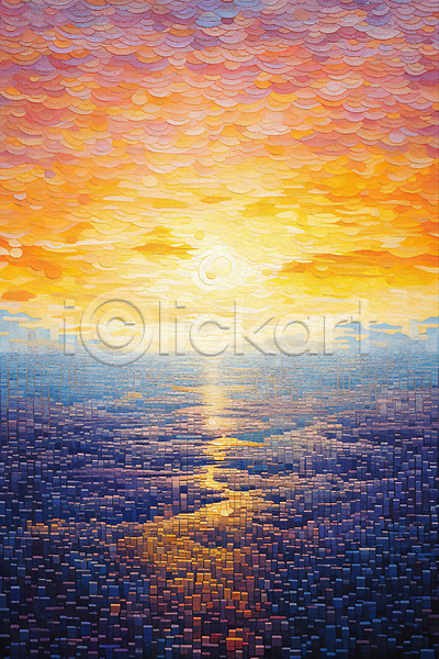 사람없음 JPG 일러스트 그림 바다 윤슬 일몰 점묘화 태양 포스터 풍경(경치)