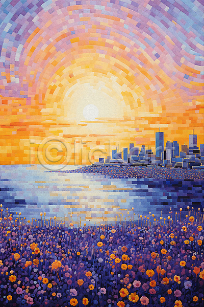 사람없음 JPG 일러스트 건물 그림 꽃밭 도시풍경 바다 윤슬 일몰 점묘화 태양 포스터 풍경(경치) 해변