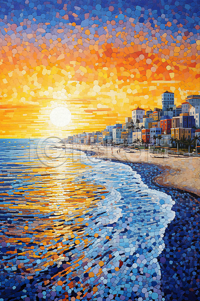 사람없음 JPG 일러스트 건물 그림 도시풍경 마을 바다 윤슬 일몰 점묘화 태양 포스터 풍경(경치) 해변