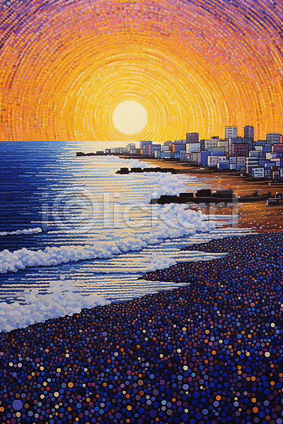 사람없음 JPG 일러스트 건물 그림 도시풍경 마을 바다 윤슬 일몰 점묘화 태양 파도 포스터 풍경(경치) 해변