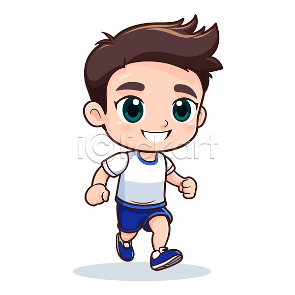 남자 소년 소년한명만 어린이 한명 AI(파일형식) 일러스트 달리기 러닝 미소(표정) 운동복 웃음 육상스포츠 전신 캐릭터