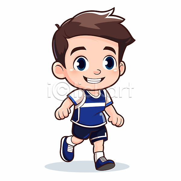남자 소년 소년한명만 어린이 한명 AI(파일형식) 일러스트 달리기 러닝 미소(표정) 운동복 웃음 육상스포츠 전신 캐릭터
