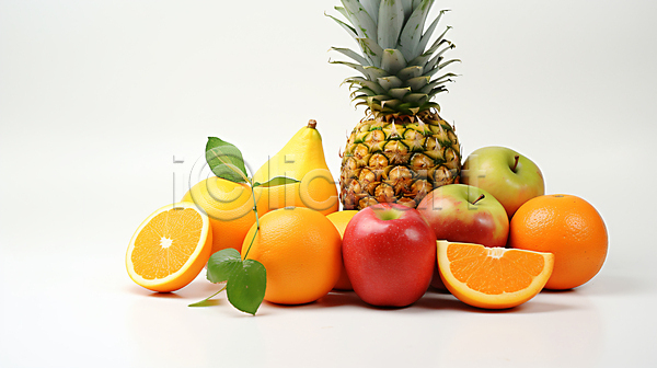 신선 사람없음 JPG 편집이미지 과일 다양 단면 배(과일) 사과(과일) 오렌지 잎 파인애플