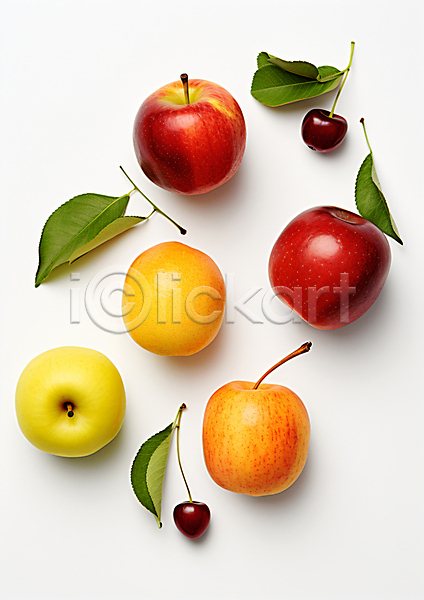 신선 사람없음 JPG 편집이미지 하이앵글 과일 다양 사과(과일) 잎 체리