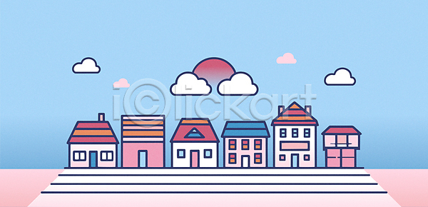 사람없음 AI(파일형식) 라인일러스트 일러스트 건물 구름(자연) 라인아트 마을 백그라운드 분홍색 아기자기 주택 태양 하늘색