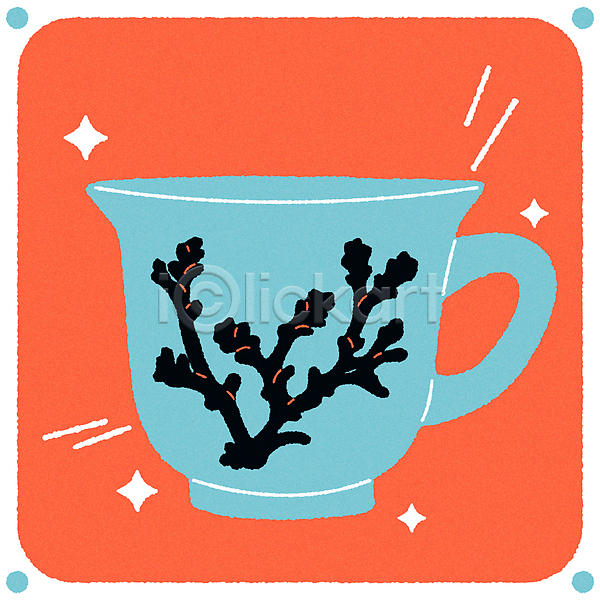 빈티지 티타임 사람없음 AI(파일형식) 일러스트 두들링 미니멀 민트색 산호초 주황색 찻잔 컵 키치
