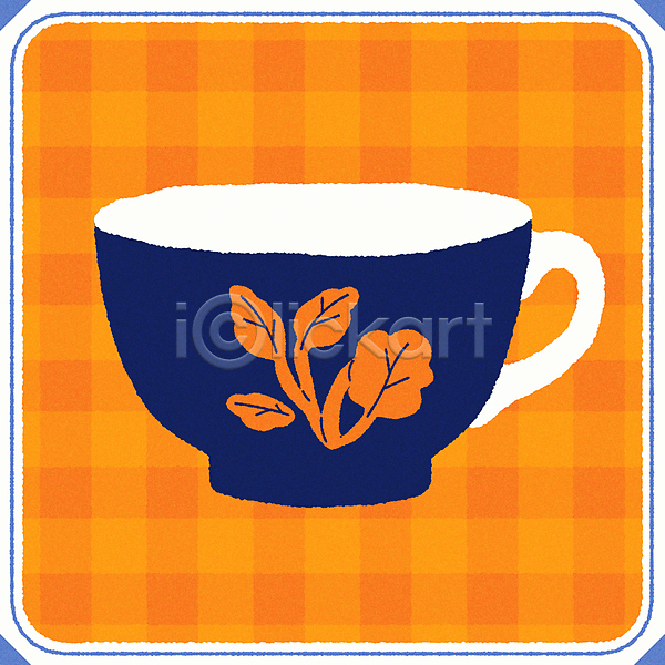 빈티지 티타임 사람없음 AI(파일형식) 일러스트 남색 두들링 미니멀 잎 주황색 찻잔 컵 키치