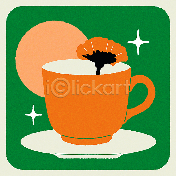 빈티지 티타임 사람없음 AI(파일형식) 일러스트 꽃 두들링 미니멀 반짝임 주황색 찻잔 초록색 컵 키치