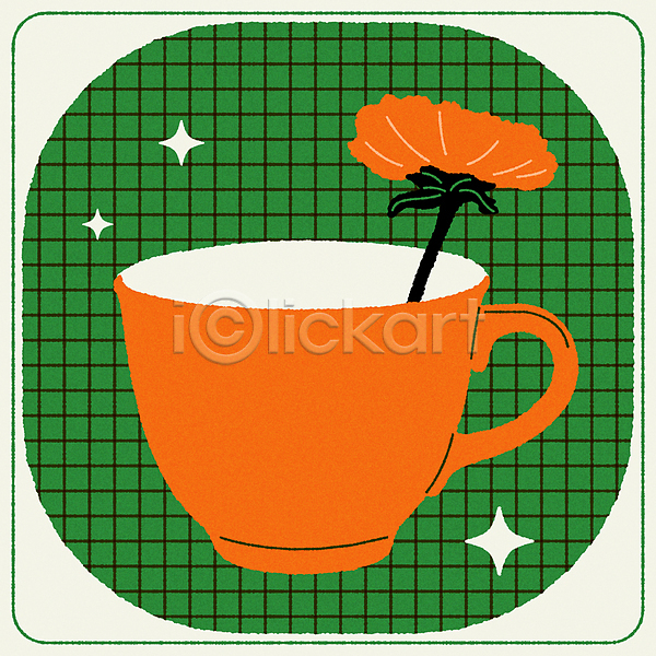 빈티지 티타임 사람없음 AI(파일형식) 일러스트 꽃 두들링 미니멀 주황색 찻잔 체크무늬 초록색 컵 키치