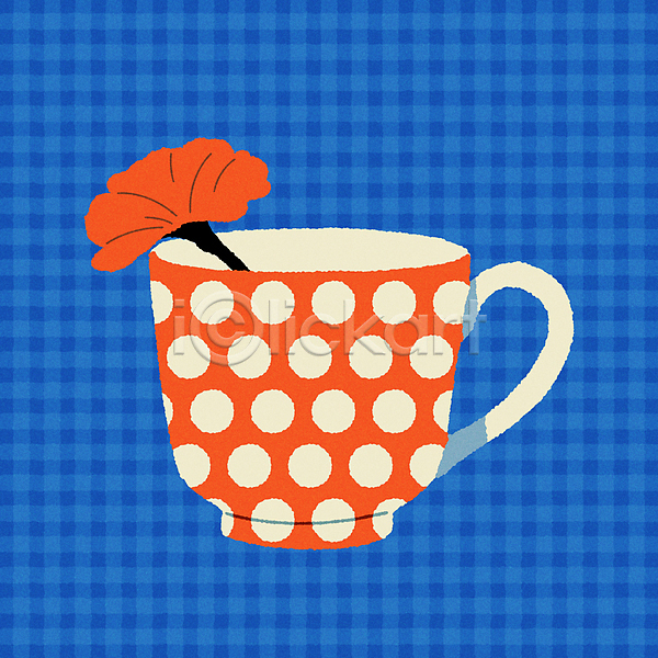 빈티지 티타임 사람없음 AI(파일형식) 일러스트 꽃 두들링 물방울무늬 미니멀 빨간색 찻잔 체크무늬 컵 키치 파란색