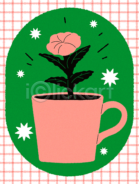 빈티지 티타임 사람없음 AI(파일형식) 일러스트 꽃 두들링 미니멀 분홍색 찻잔 체크무늬 초록색 컵 키치