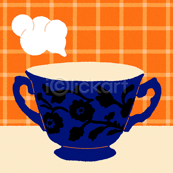 빈티지 티타임 사람없음 AI(파일형식) 일러스트 꽃무늬 남색 두들링 미니멀 연기 주황색 찻잔 체크무늬 컵 키치