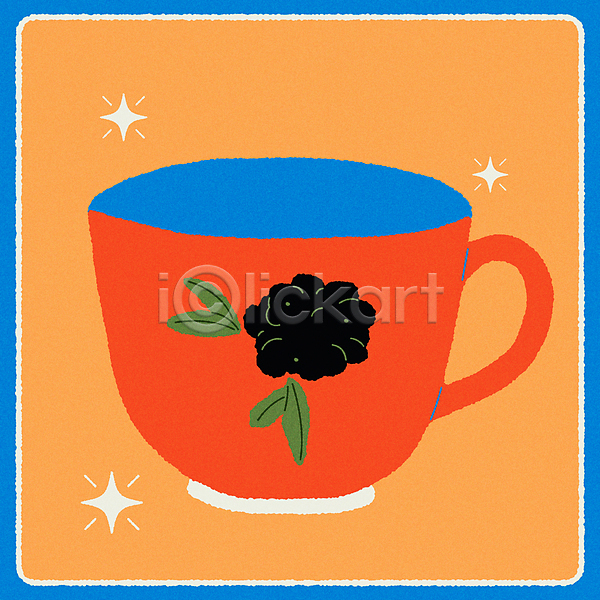 빈티지 티타임 사람없음 AI(파일형식) 일러스트 꽃 두들링 미니멀 주황색 찻잔 컵 키치