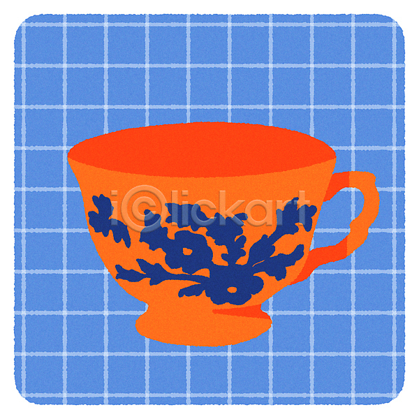 빈티지 티타임 사람없음 AI(파일형식) 일러스트 꽃무늬 두들링 미니멀 주황색 찻잔 체크무늬 컵 키치 하늘색