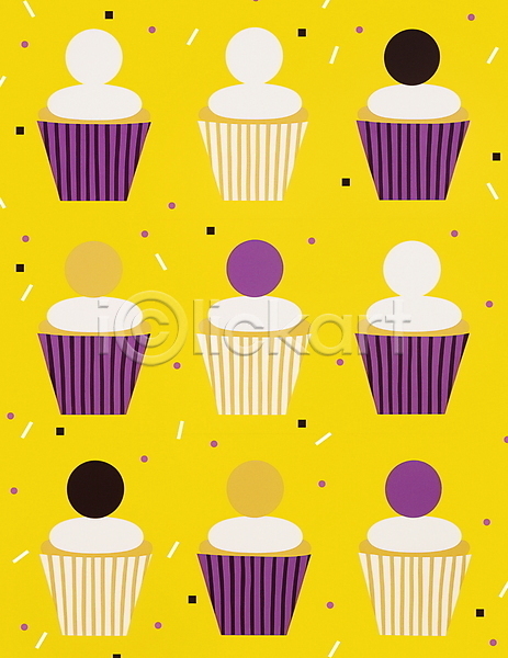 빈티지 축하 사람없음 JPG 일러스트 노란색 복고 생일 생일케이크 카드(감사) 컵케이크 케이크 키치 패턴