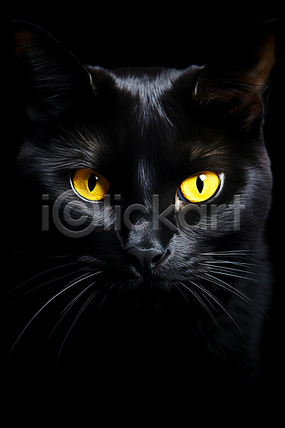 사람없음 JPG 편집이미지 검은색 고양이 노란색 동물 어둠 응시 한마리