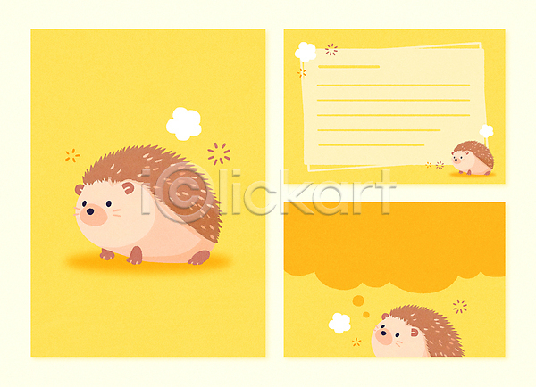 귀여움 러블리 사람없음 PSD 일러스트 템플릿 고슴도치 꽃 노란색 동물 동물캐릭터 말풍선 생각 세트 아기자기 엽서 카드(감사) 팬시 편지지