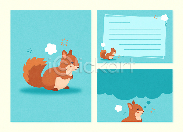 귀여움 러블리 사람없음 PSD 일러스트 템플릿 꽃 다람쥐 동물 동물캐릭터 말풍선 생각 세트 아기자기 엽서 카드(감사) 파란색 팬시 편지지