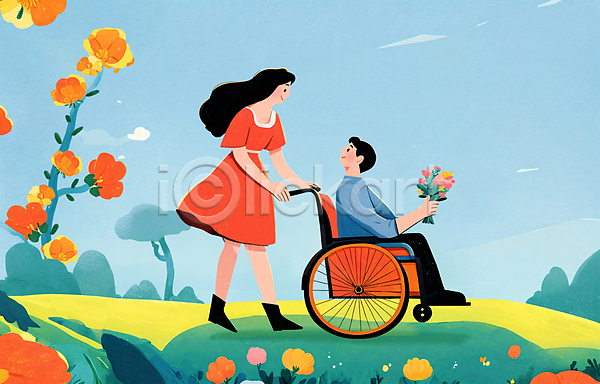 복지 함께함 행복 남자 두명 성인 성인만 여자 PSD 일러스트 꽃 꽃다발 마주보기 미소(표정) 장애인 장애인의날 전신 지원 친구 휠체어