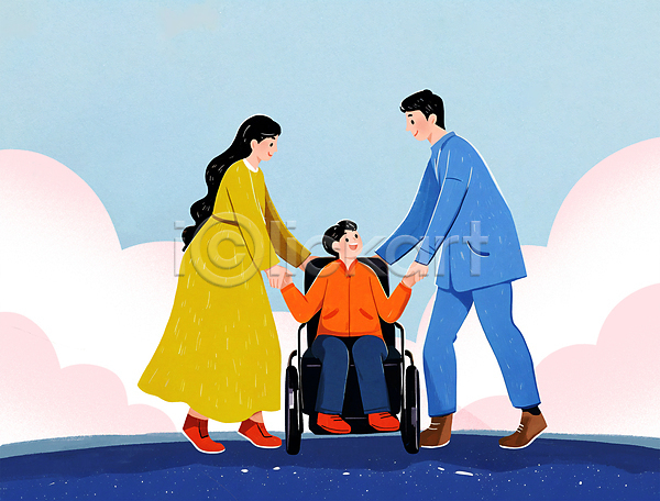 복지 함께함 행복 남자 성인 세명 소년 어린이 여자 PSD 일러스트 가족 부모 손잡기 응시 장애인 장애인의날 전신 지원 휠체어