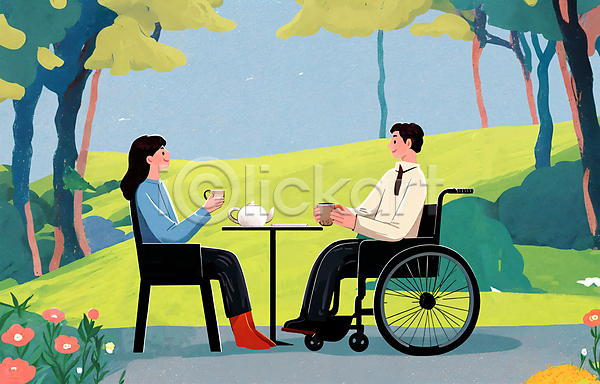 복지 티타임 함께함 행복 남자 두명 성인 성인만 여자 PSD 일러스트 나무 대화 들기 마주보기 의자 장애인 장애인의날 전신 지원 찻잔 친구 탁자 휠체어