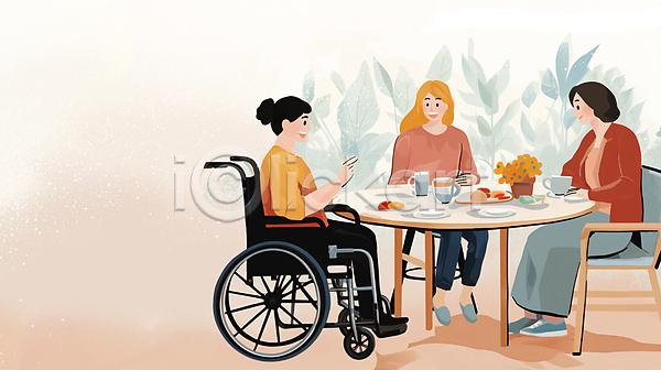 복지 티타임 함께함 행복 성인 성인여자만 세명 여자 PSD 일러스트 대화 모임 앉기 의자 장애인 장애인의날 전신 지원 친구 탁자 휠체어