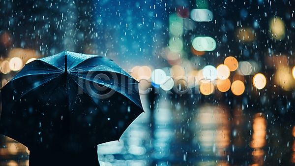 남자 성인 성인남자한명만 한명 JPG 뒷모습 디지털합성 실루엣 편집이미지 계절 날씨 도시 보케 비(날씨) 상반신 우산