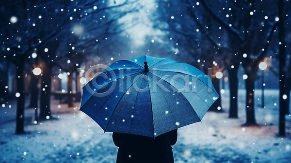 남자 한명 JPG 뒷모습 디지털합성 실루엣 편집이미지 계절 날씨 눈(날씨) 도시 보케 상반신 우산