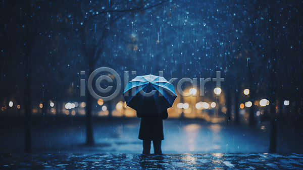 남자 성인 성인남자한명만 한명 JPG 뒷모습 디지털합성 실루엣 편집이미지 계절 날씨 도시 보케 비(날씨) 우산 하반신
