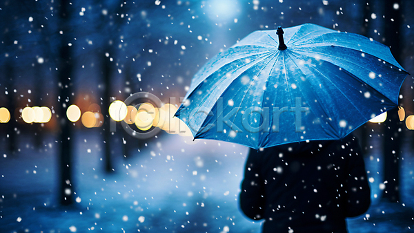 남자 성인 성인남자한명만 한명 JPG 뒷모습 디지털합성 실루엣 편집이미지 계절 날씨 눈(날씨) 도시 보케 상반신 우산