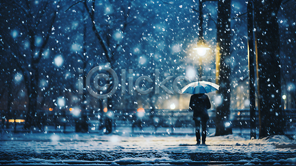 남자 성인 성인남자한명만 한명 JPG 뒷모습 디지털합성 실루엣 편집이미지 계절 날씨 눈(날씨) 도시 보케 우산 전신