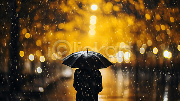 남자 성인 성인남자한명만 한명 JPG 뒷모습 디지털합성 실루엣 편집이미지 계절 날씨 도시 보케 비(날씨) 상반신 우산