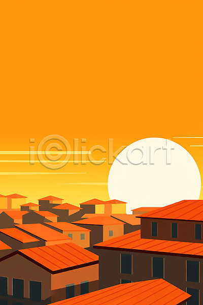 분위기 사람없음 JPG 일러스트 건물 노을 백그라운드 주택 주황색 태양 풍경(경치) 하늘